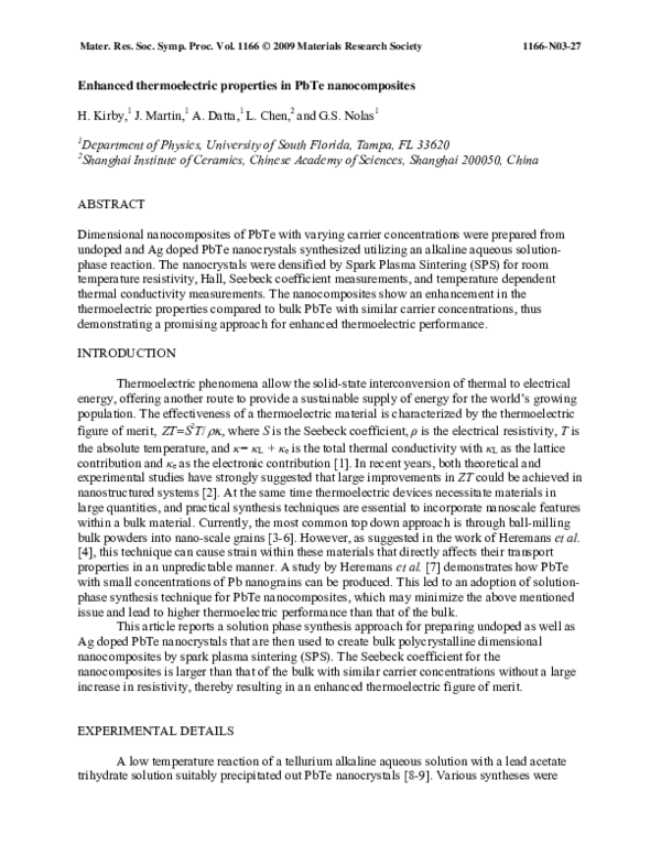 (PDF) Enhanced thermoelectric properties in PbTe Nanocomposites