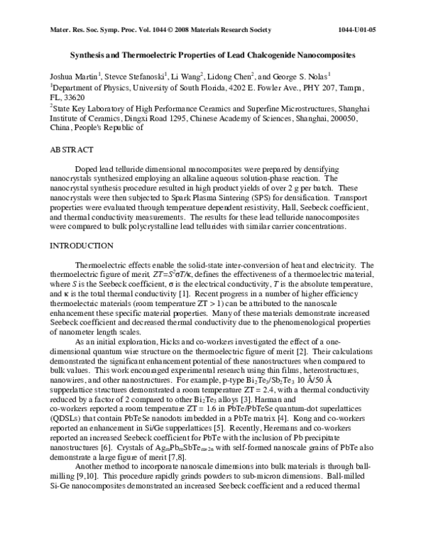 (PDF) Synthesis and Thermoelectric Properties of Lead Chalcogenide ...
