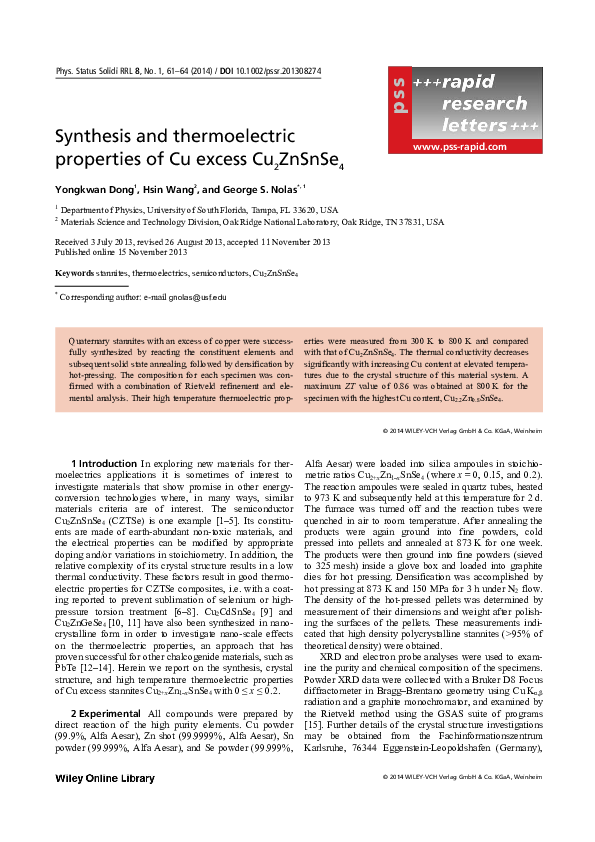 (PDF) Synthesis and thermoelectric properties of Cu excess Cu 2 ZnSnSe 4
