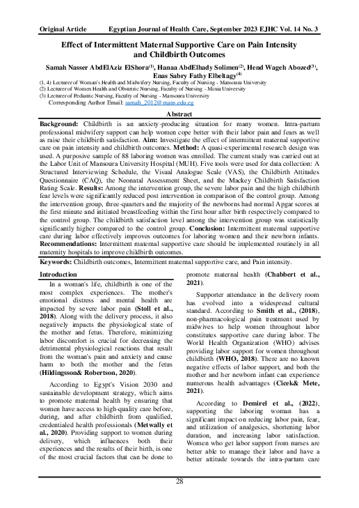 (PDF) Effect of Intermittent Maternal Supportive Care on Pain Intensity ...