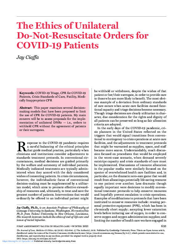 (PDF) The Ethics of Unilateral DoNotResuscitate Orders for COVID19