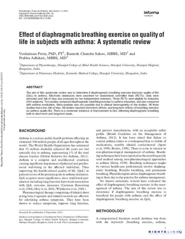 (PDF) Effect of diaphragmatic breathing exercise on quality of life in ...