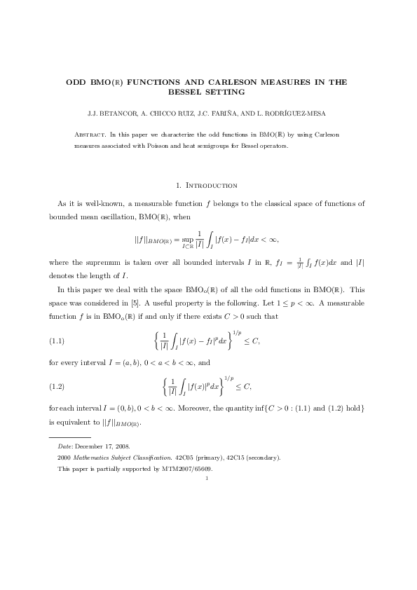 (PDF) Odd BMO(R) functions and Carleson measures in the Bessel setting