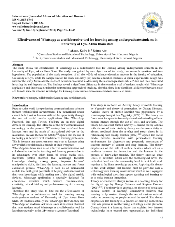 (PDF) Effectiveness of Whatsapp as a collaborative tool for learning ...