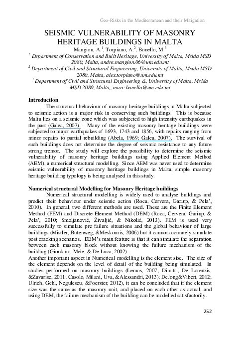 (PDF) Seismic vulnerability of masonry heritage buildings in Malta