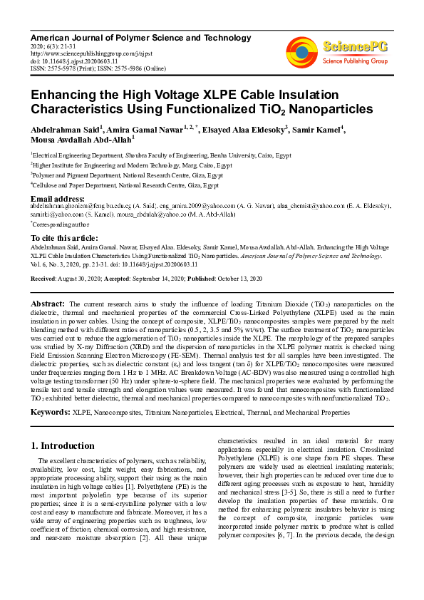 (PDF) Enhancing the High Voltage XLPE Cable Insulation Characteristics ...