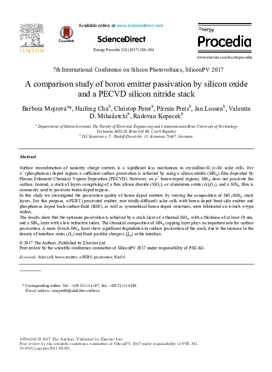 (PDF) A comparison study of boron emitter passivation by silicon oxide ...