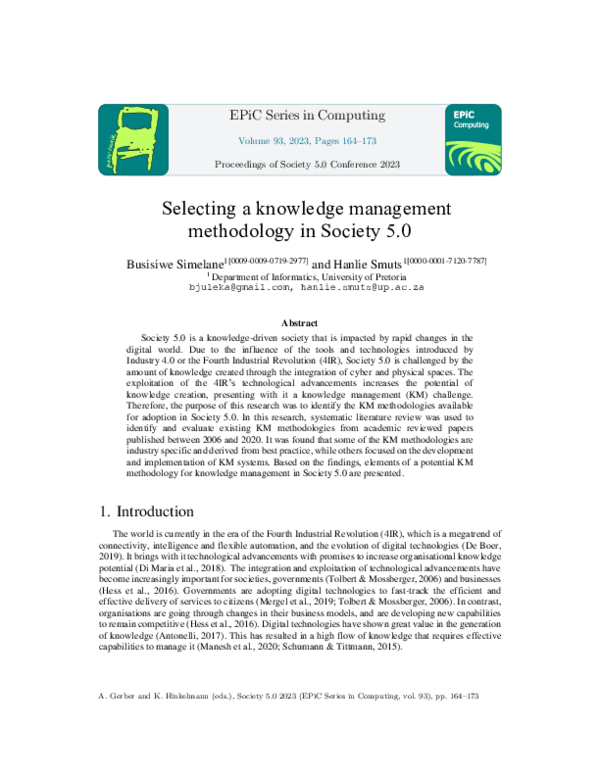 (PDF) Selecting a Knowledge Management Methodology in Society 5.0