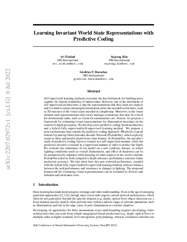 (PDF) Learning Invariant World State Representations with Predictive Coding