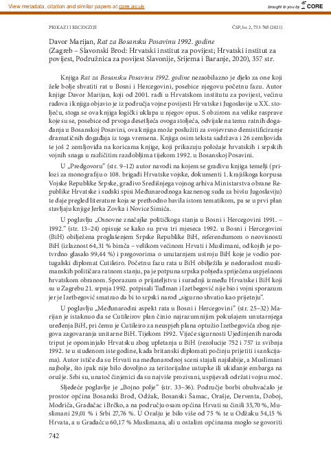 Davor Marijan, Rat za Bosansku Posavinu 1992. godine (Zagreb: Hrvatski institut za povijest; Podružnica za povijest Slavonije, Srijema i Baranje, 2020), 357 str