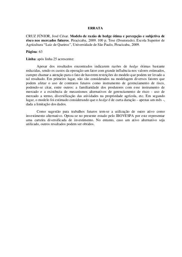 (PDF) Modelo de razão de hedge ótima e percepção subjetiva de risco nos ...