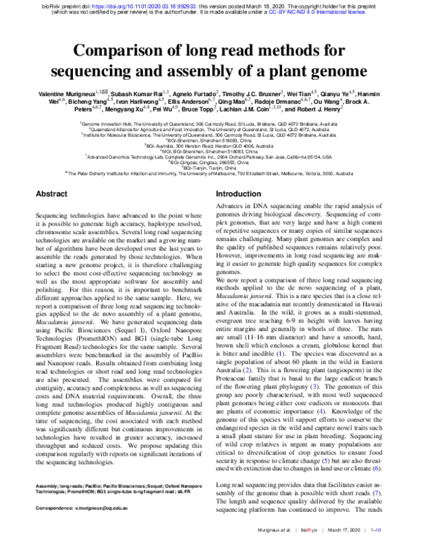 (PDF) Comparison of long read methods for sequencing and assembly of a ...