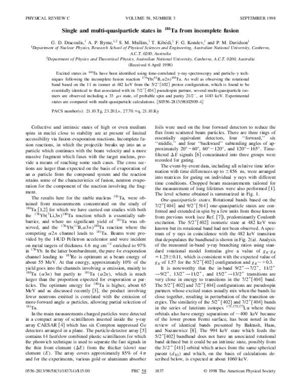 (PDF) Single and multi-quasiparticle states in181Tafrom incomplete fusion