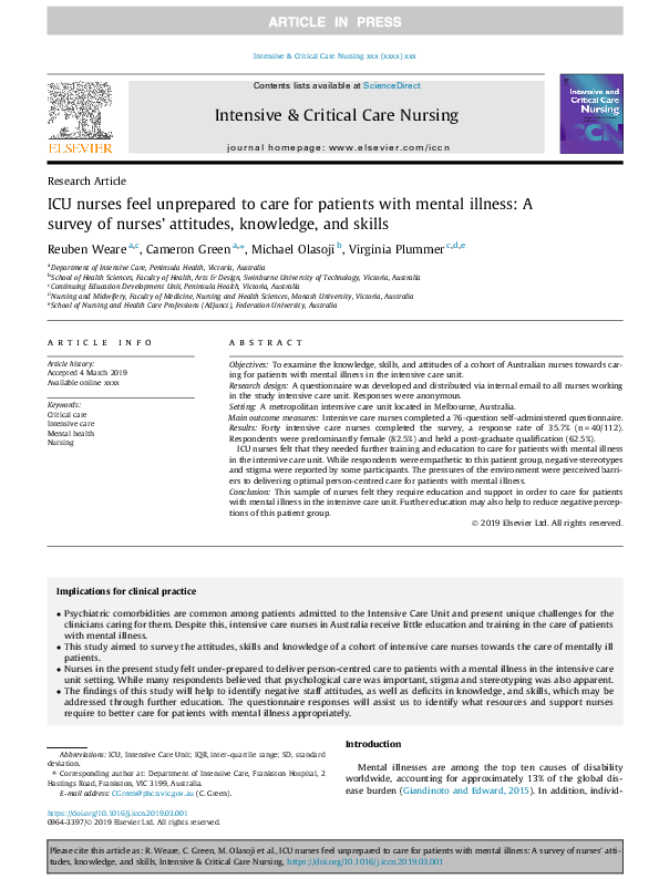 (PDF) ICU nurses feel unprepared to care for patients with mental ...