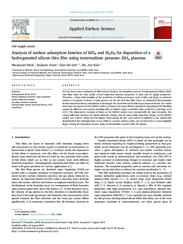 (PDF) Analysis of surface adsorption kinetics of SiH4 and Si2H6 for ...