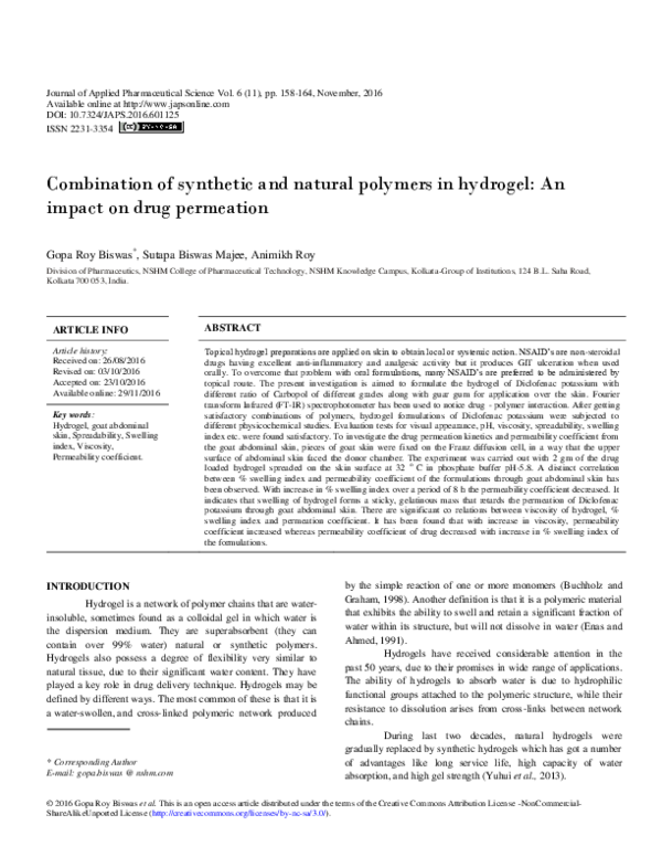 (PDF) Combination of synthetic and natural polymers in hydrogel: An ...