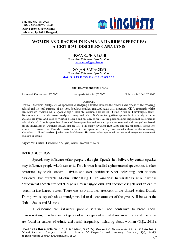 (PDF) Women and Racism in Kamala Harris’ Speeches: A Critical Discourse ...