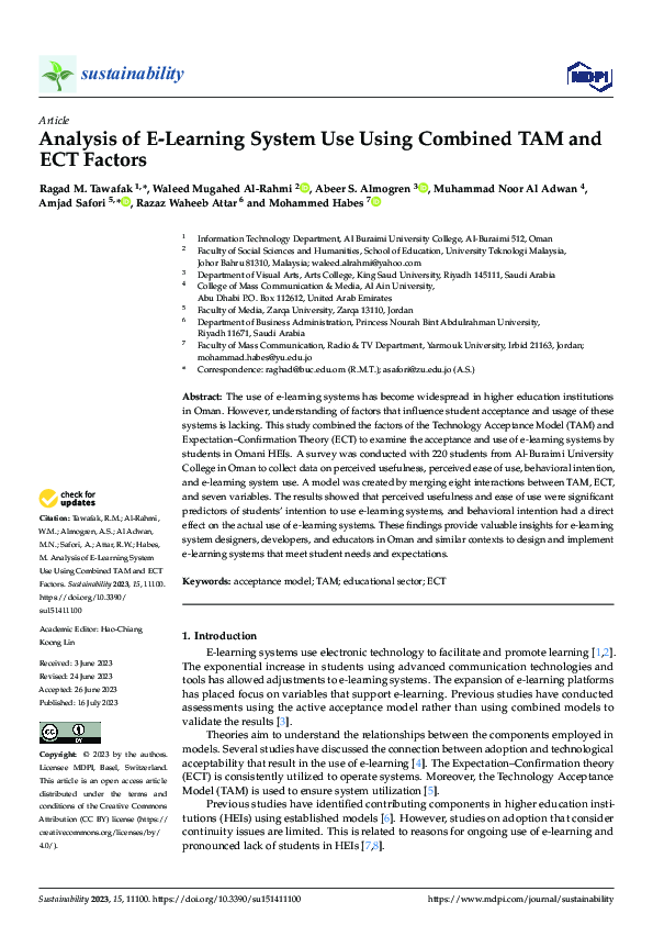 (PDF) Analysis of E-Learning System Use Using Combined TAM and ECT Factors