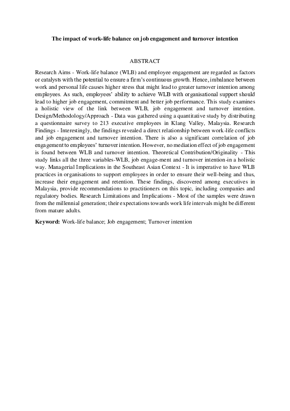 (PDF) The Impact of Work-Life Balance on Job Engagement and Turnover ...