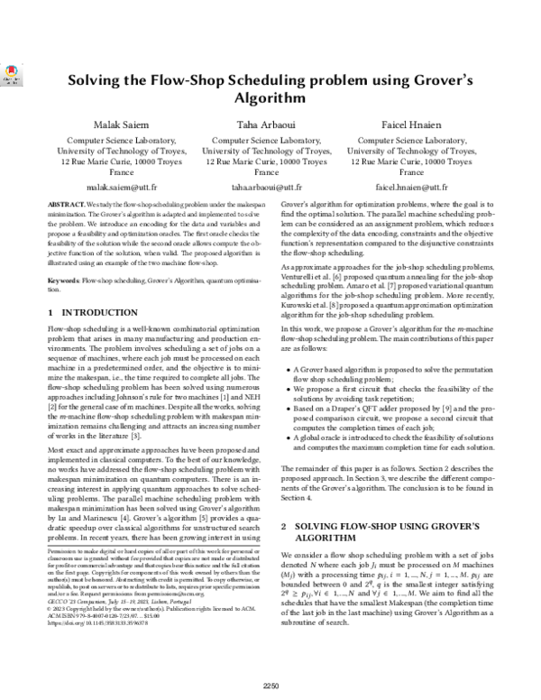 (PDF) Solving the Flow-Shop Scheduling problem using Grover's Algorithm