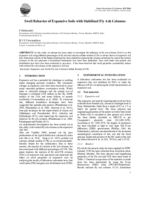 (PDF) Swell Behavior of Expansive Soils with Stabilized Fly Ash Columns
