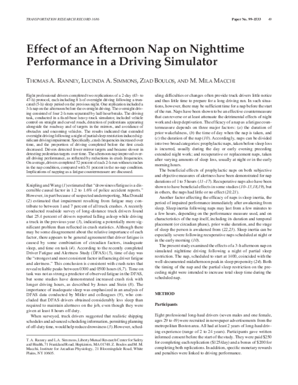 (PDF) Effect of an Afternoon Nap on Nighttime Performance in a Driving ...