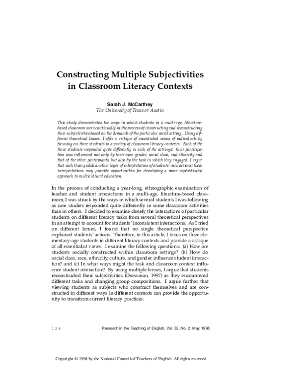 (PDF) Constructing Multiple Subjectivities in Classroom Literacy Contexts