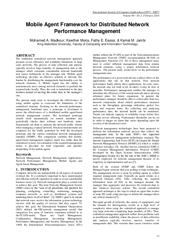 (PDF) Mobile Agent Framework for Distributed Network Performance Management