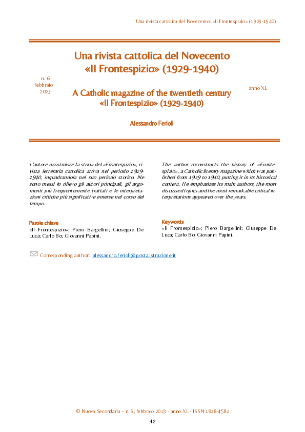 (PDF) Una rivista cattolica del Novecento: «Il Frontespizio» (1929-1940)