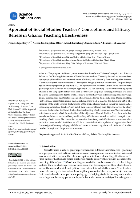 (PDF) Appraisal of Social Studies Teachers’ Conceptions and Efficacy ...
