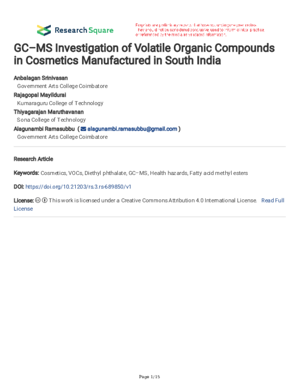 (PDF) GC–MS Investigation of Volatile Organic Compounds in Cosmetics ...