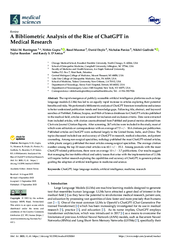 (PDF) A Bibliometric Analysis of the Rise of ChatGPT in Medical Research