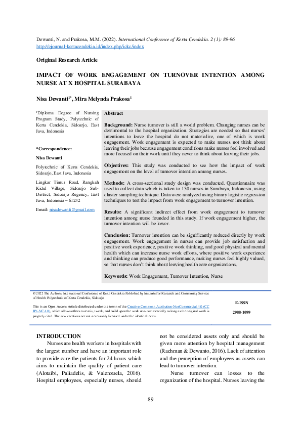(PDF) Impact of Work Engagement on Turnover Intention Among Nurse at X ...
