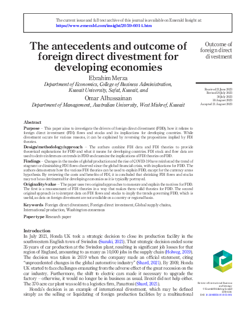 (PDF) The antecedents and outcome of foreign direct divestment for ...