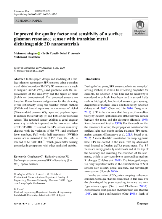 (PDF) Improved the quality factor and sensitivity of a surface plasmon ...