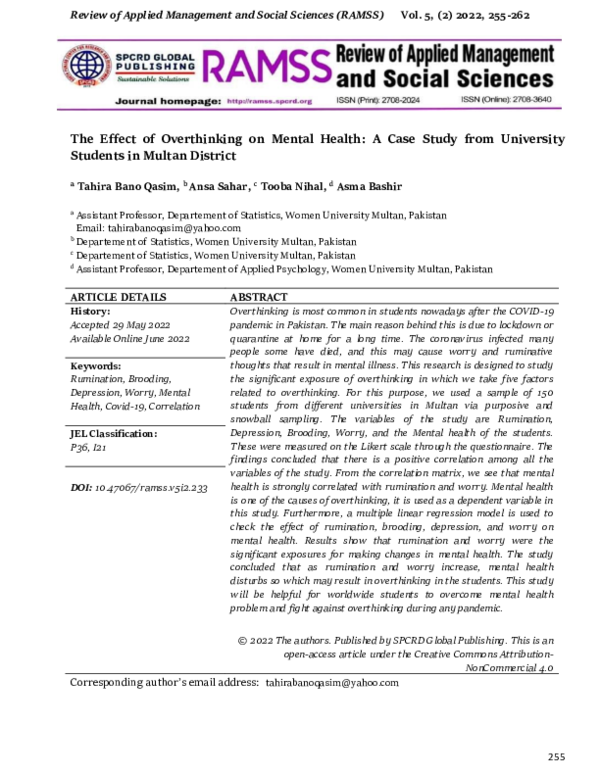 (PDF) The Effect of Overthinking on Mental Health: A Case Study from ...