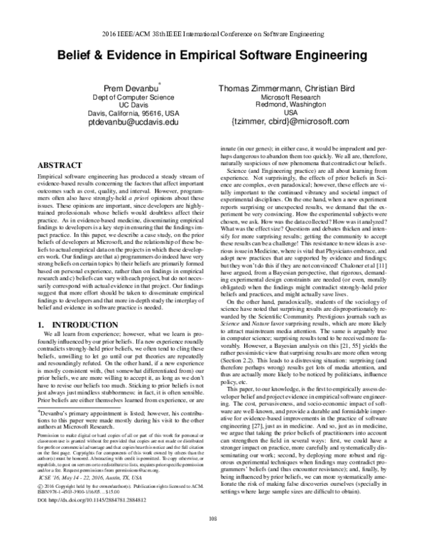 (PDF) Belief & evidence in empirical software engineering