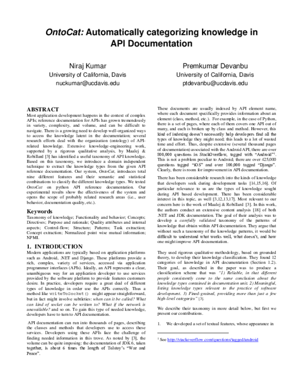 (PDF) OntoCat: Automatically categorizing knowledge in API Documentation