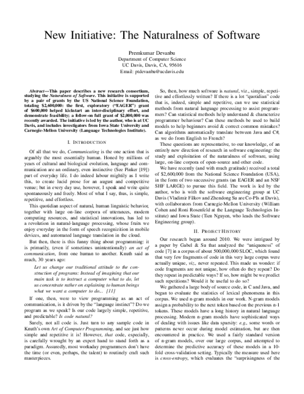(PDF) New Initiative: The Naturalness of Software