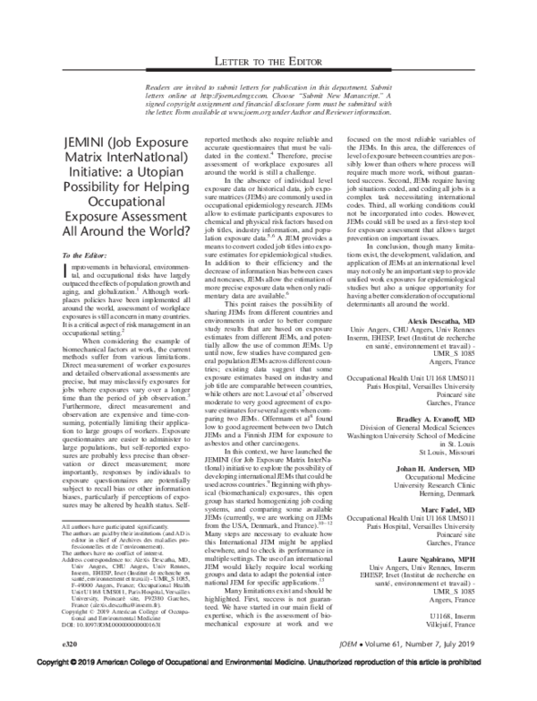 (PDF) JEMINI (Job Exposure Matrix InterNatIonal) Initiative