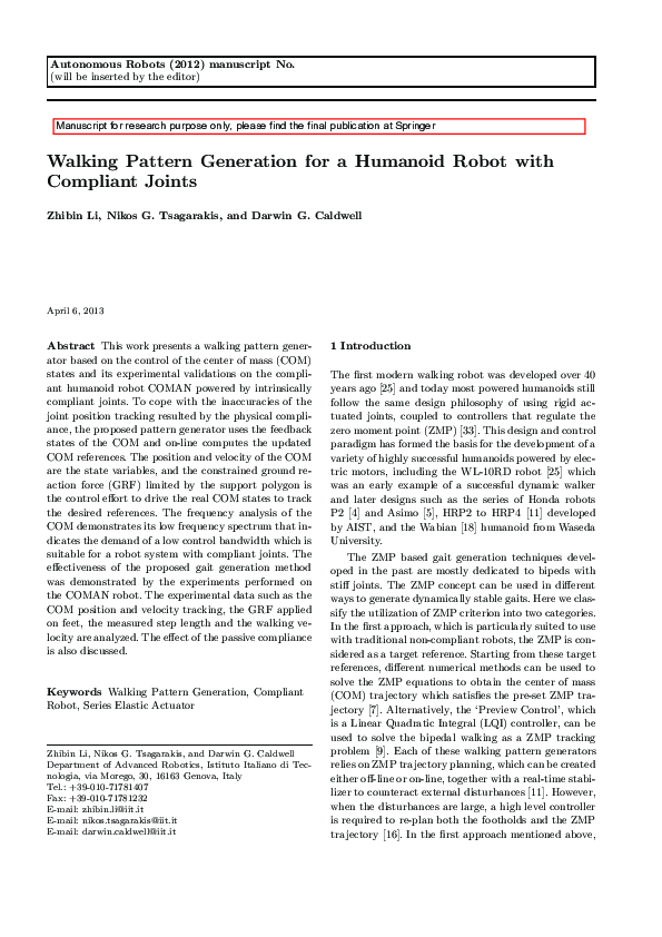(PDF) Walking pattern generation for a humanoid robot with compliant joints