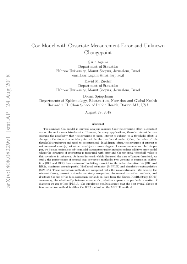 (PDF) Cox Model with Covariate Measurement Error and Unknown Changepoint
