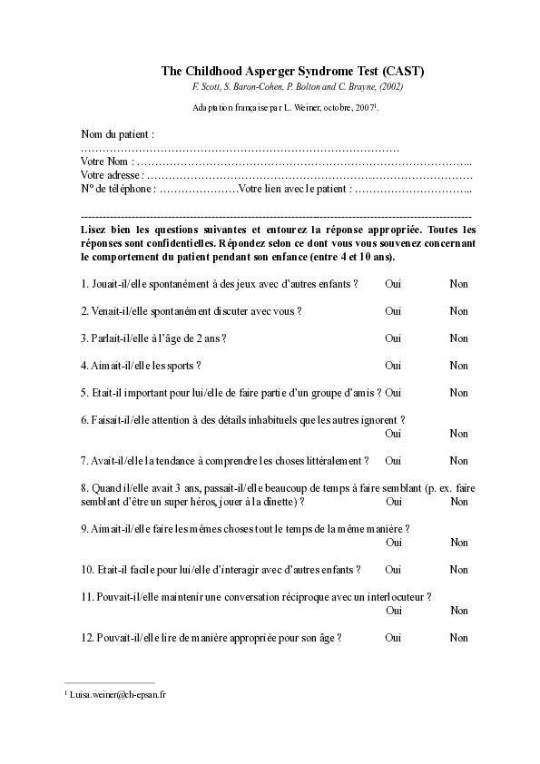 (PDF) The Childhood Asperger Syndrome Test (CAST)