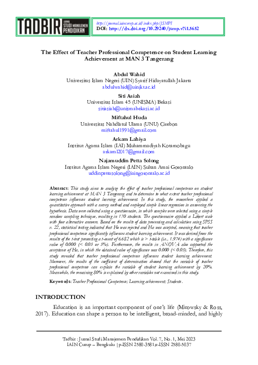(PDF) The Effect of Teacher Professional Competence on Student Learning ...