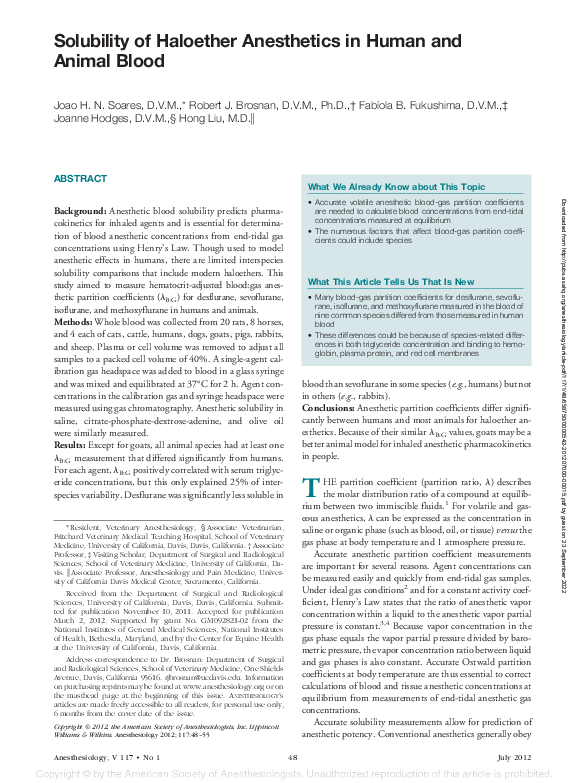 (PDF) Solubility of Haloether Anesthetics in Human and Animal Blood