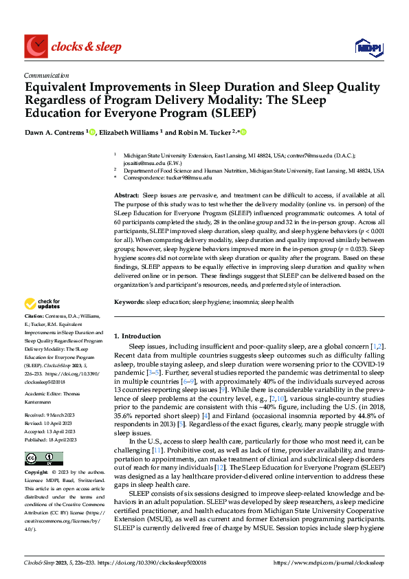 (PDF) Equivalent Improvements in Sleep Duration and Sleep Quality ...