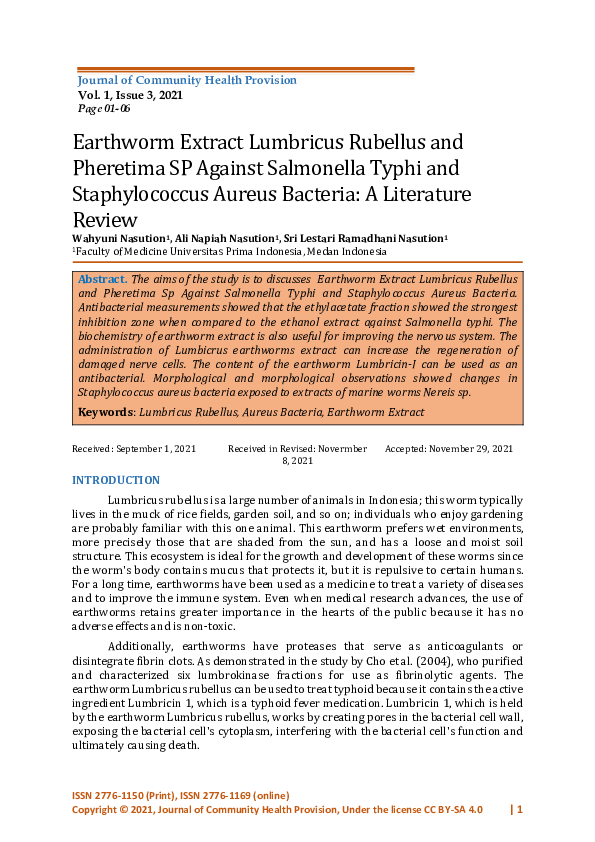 (PDF) Earthworm Extract Lumbricus Rubellus and Pheretima SP Against ...