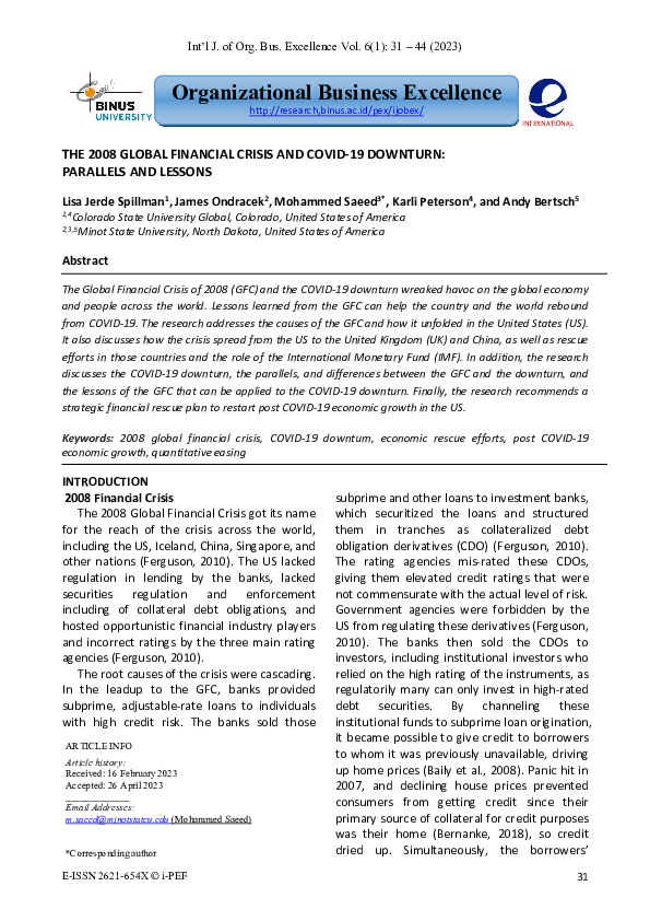 (PDF) THE 2008 GLOBAL FINANCIAL CRISIS AND COVID-19 DOWNTURN: PARALLELS ...