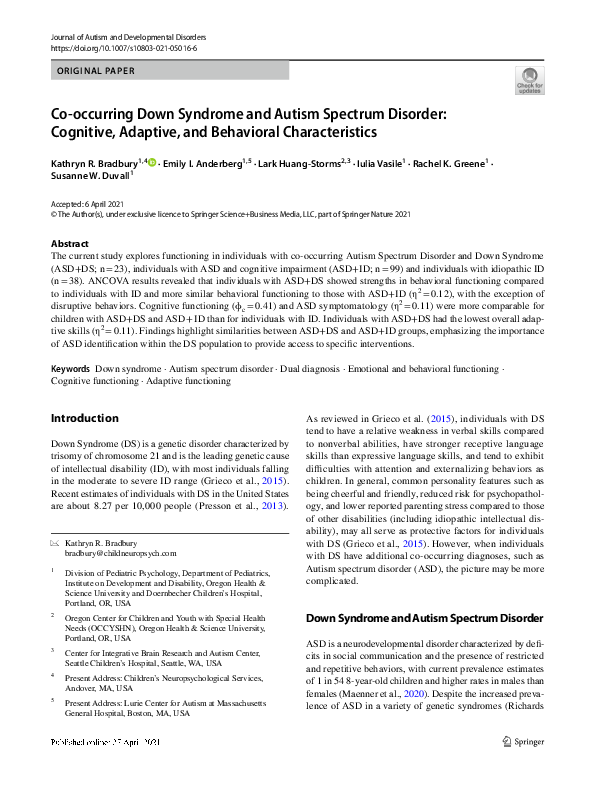 (PDF) Co-occurring Down Syndrome and Autism Spectrum Disorder ...