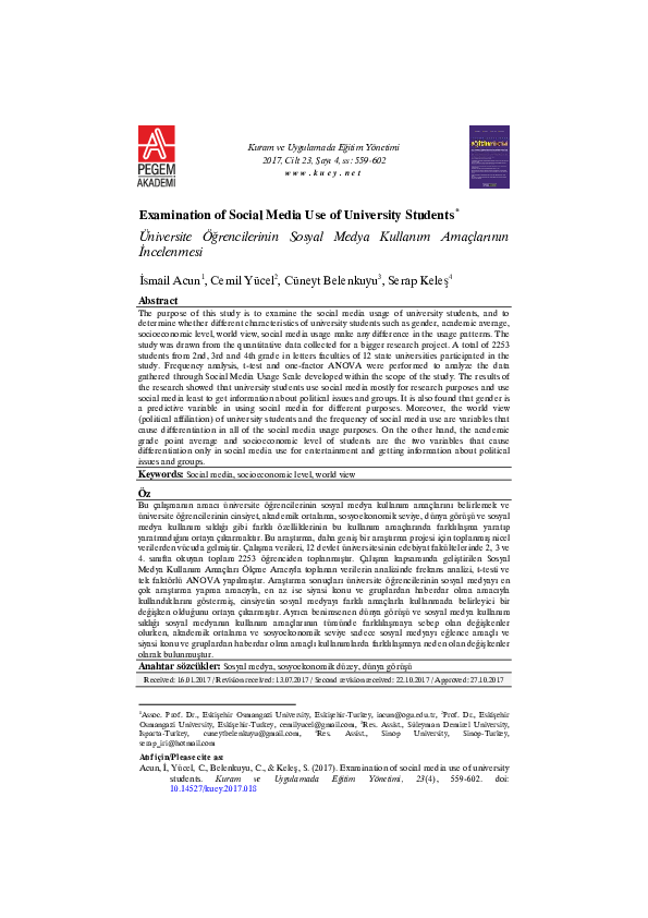 (PDF) Examination of Social Media Use of University Students